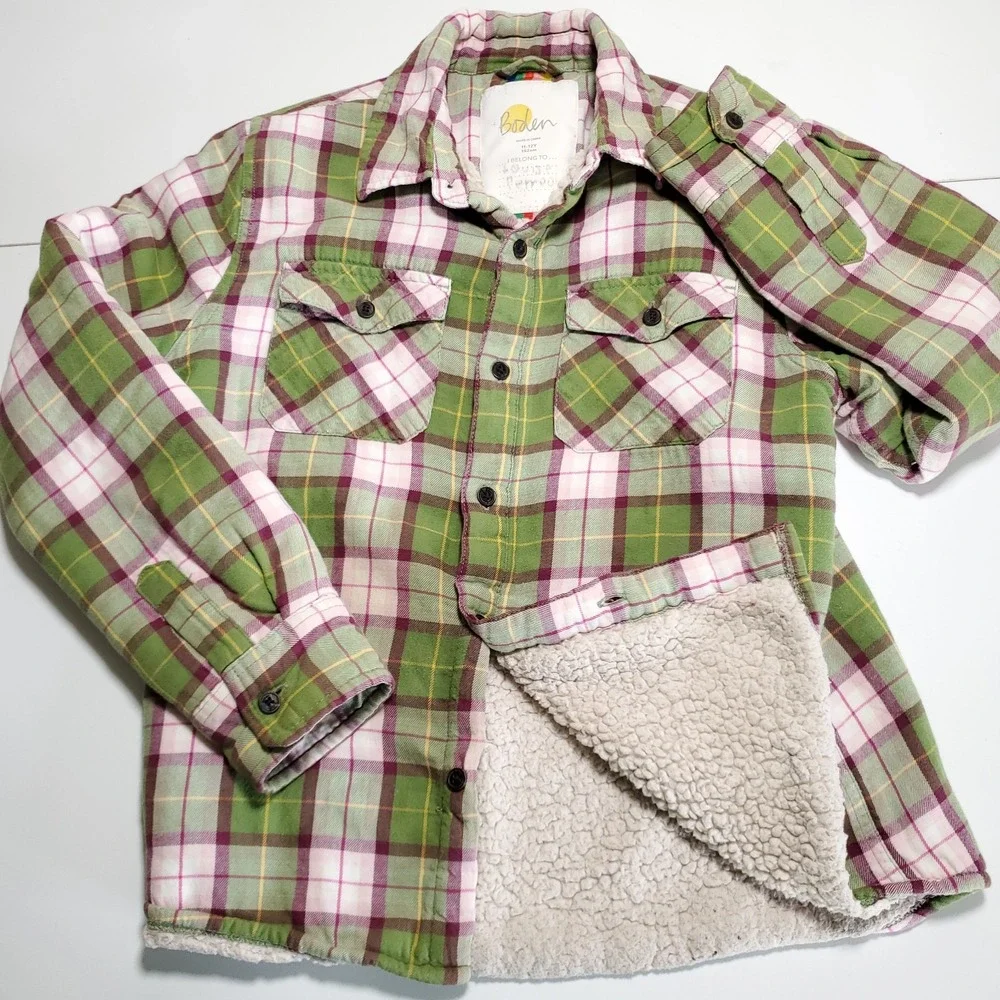 Boden Plaid Sherpa Lined Button Jacket 11-12Y